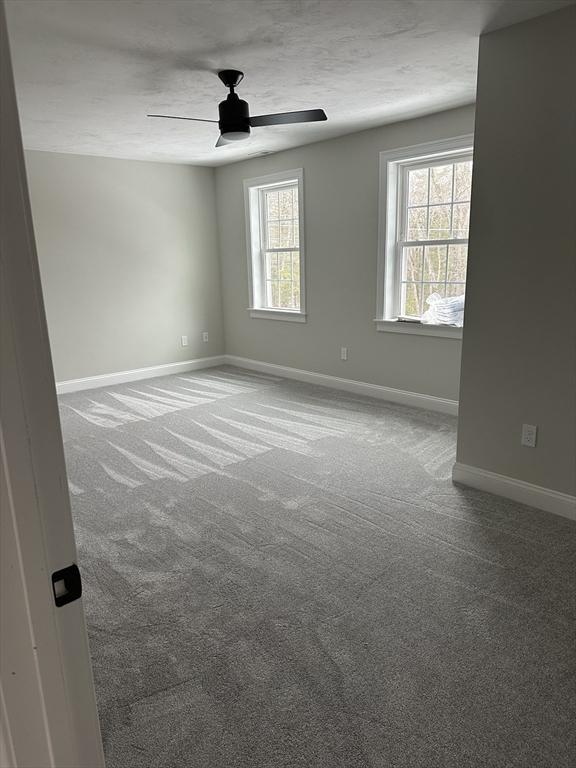 carpeted empty room featuring plenty of natural light and ceiling fan