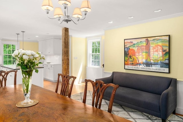 32 School St, Belmont, MA 02478 - dining room featuring a chandelier, ornamental molding, plenty of natural light, light wood-style flooring, and recessed lighting