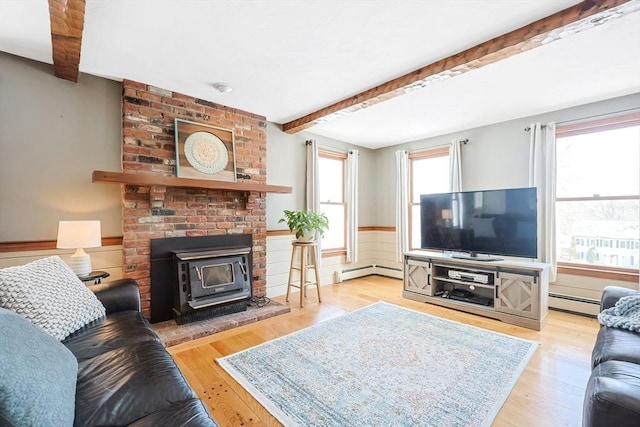 living area with light wood-style flooring, baseboard heating, beamed ceiling, and wainscoting