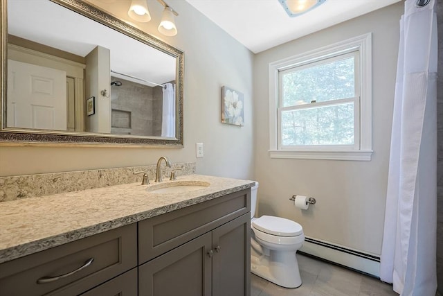 full bath featuring toilet, a shower with curtain, a baseboard heating unit, and vanity