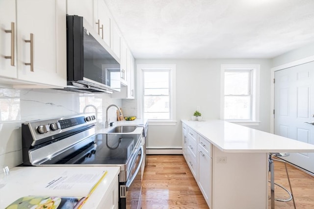 17 Norcross St Unit 3, Arlington, MA 02474 - kitchen featuring appliances with stainless steel finishes, a sink, a peninsula, a baseboard radiator, and a breakfast bar area