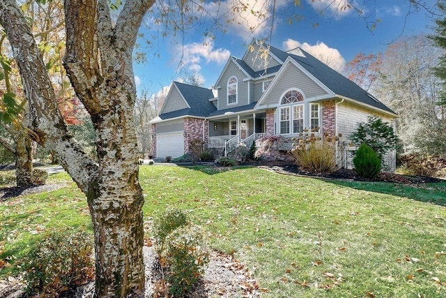 front facade with a porch, a garage, and a front lawn