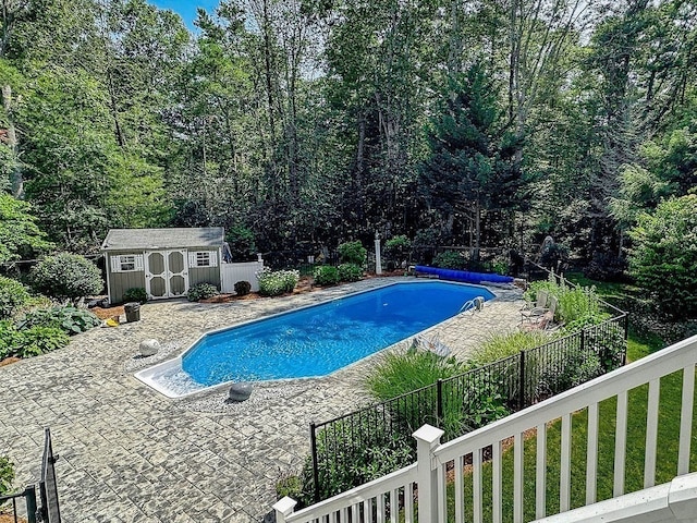 view of swimming pool with a shed