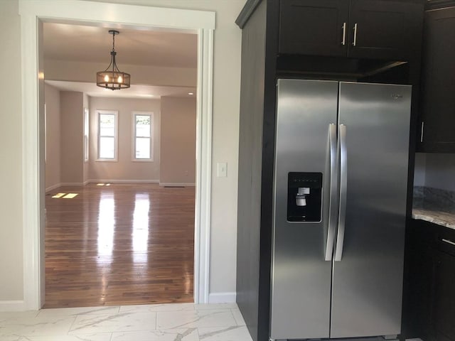 28-32 Calvary St, Waltham, MA 02453 - kitchen with marble finish floor, stainless steel refrigerator with ice dispenser, and baseboards