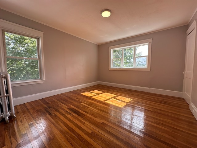 spare room with crown molding, plenty of natural light, and dark hardwood / wood-style flooring