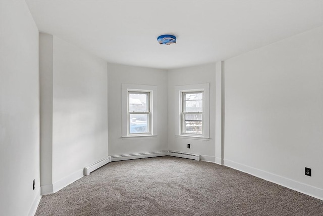 empty room featuring a baseboard radiator and carpet floors