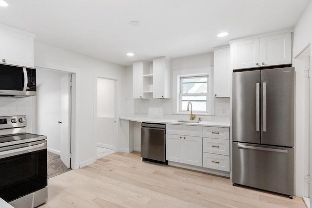 kitchen featuring sink, backsplash, white cabinets, stainless steel appliances, and light wood-type flooring