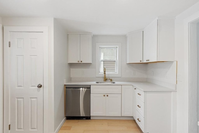 kitchen featuring white cabinetry, sink, dishwasher, and light wood-type flooring