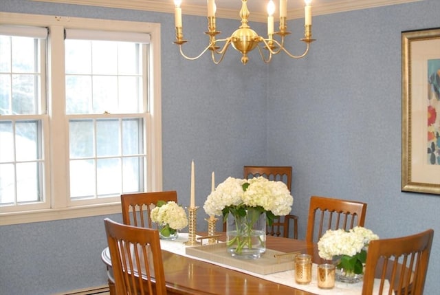 dining room featuring ornamental molding, a notable chandelier, and wallpapered walls