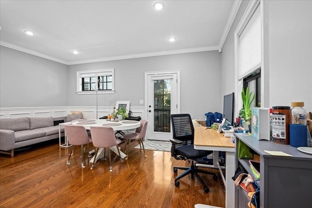 office space with crown molding, wood finished floors, and recessed lighting