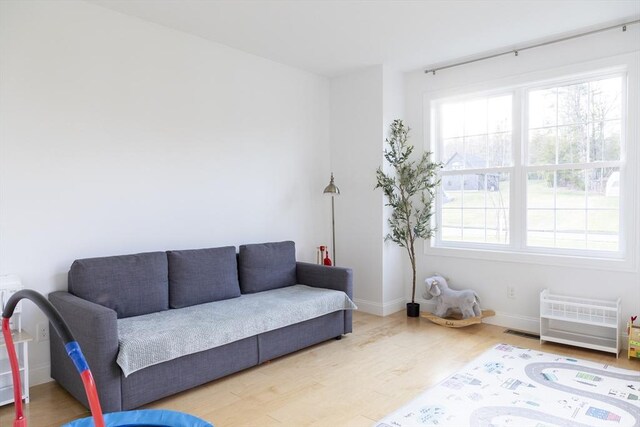 living area featuring wood finished floors, heating unit, baseboards, and a wealth of natural light