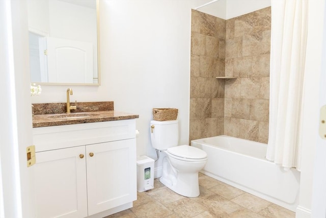 full bathroom featuring shower / bath combination with curtain, vanity, and toilet