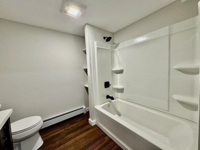 full bathroom with toilet, a baseboard radiator, shower / tub combination, wood-type flooring, and vanity