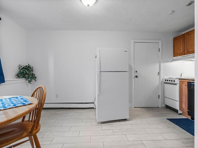 kitchen with visible vents, under cabinet range hood, white appliances, brown cabinetry, and a baseboard radiator