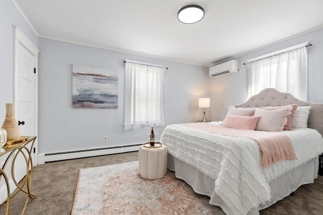 carpeted bedroom with a wall unit AC, crown molding, and baseboard heating