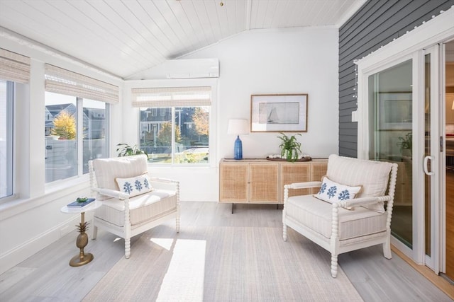 sunroom / solarium with wooden ceiling, vaulted ceiling, and an AC wall unit