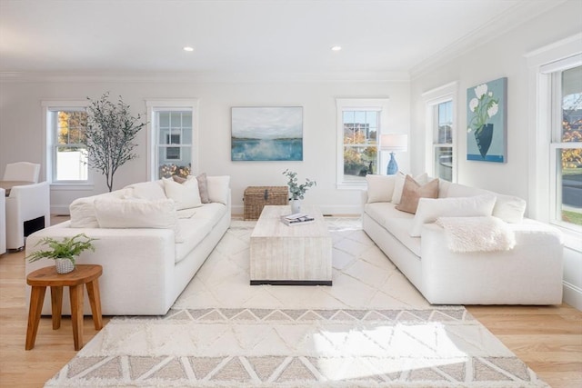 living area with light wood-type flooring, crown molding, and recessed lighting