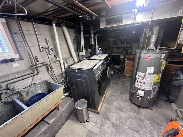 28 Roberts St, Malden, MA 02148 - unfinished basement featuring gas water heater, washer / dryer, and a sink