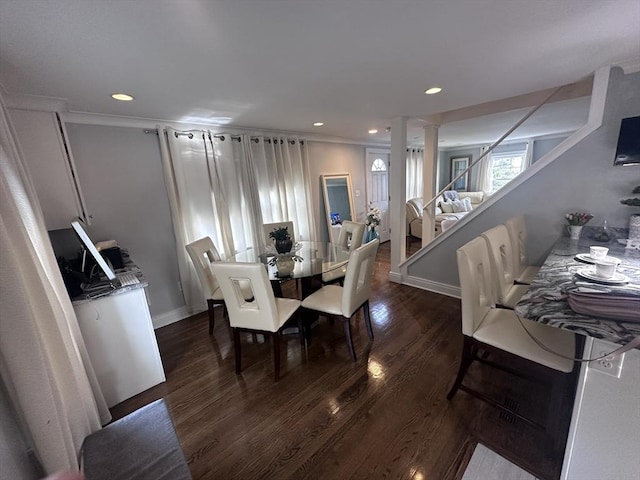 28 Roberts St, Malden, MA 02148 - dining space with wood finished floors, recessed lighting, stairs, baseboards, and ornate columns
