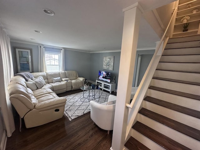 28 Roberts St, Malden, MA 02148 - living room with wood finished floors, crown molding, stairway, and recessed lighting