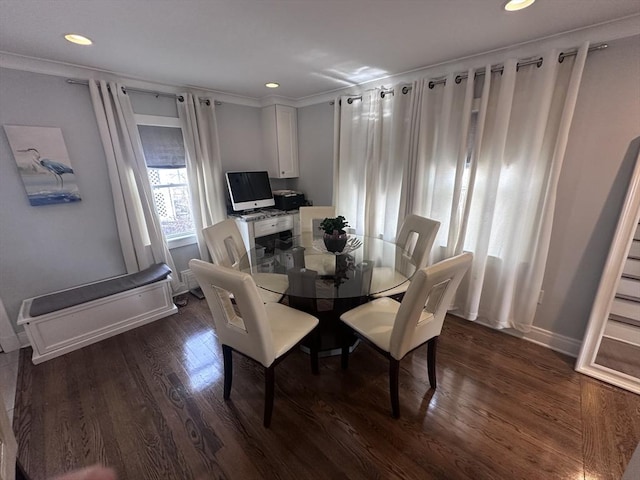 28 Roberts St, Malden, MA 02148 - dining space featuring dark wood-style floors, recessed lighting, baseboards, and crown molding