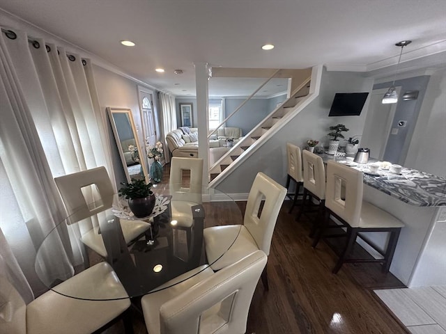 28 Roberts St, Malden, MA 02148 - dining space with stairway, wood finished floors, crown molding, and recessed lighting