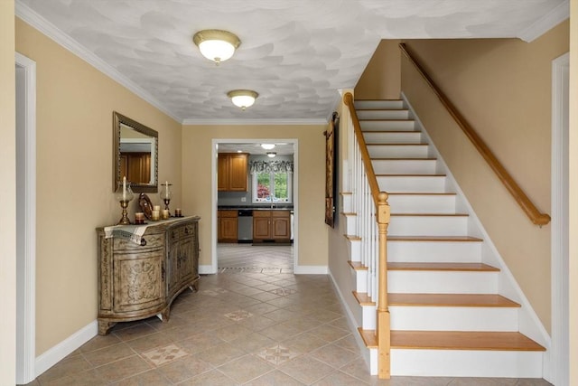 75 Birchwood Rd, Tewksbury, MA 01876 - staircase featuring crown molding and tile patterned flooring