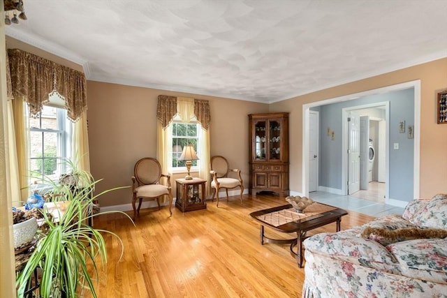 75 Birchwood Rd, Tewksbury, MA 01876 - living area with washer / dryer, light wood-type flooring, and ornamental molding