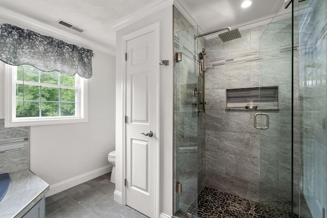75 Birchwood Rd, Tewksbury, MA 01876 - bathroom featuring crown molding, a shower stall, and vanity