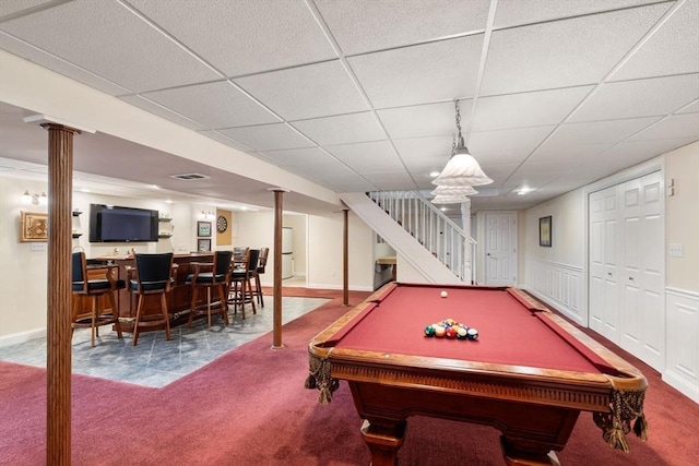 75 Birchwood Rd, Tewksbury, MA 01876 - recreation room with bar, carpet floors, a paneled ceiling, and pool table