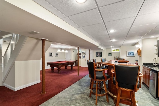 75 Birchwood Rd, Tewksbury, MA 01876 - carpeted dining area featuring wet bar, billiards, stairway, a paneled ceiling, and recessed lighting