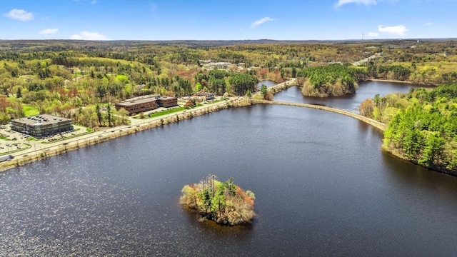 drone / aerial view featuring a forest view and a water view