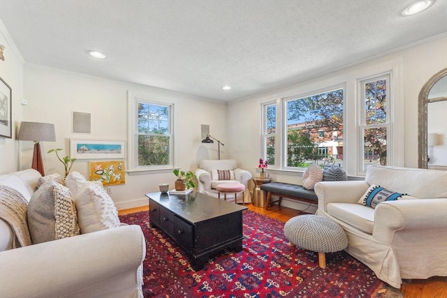 living room featuring crown molding, a healthy amount of sunlight, and wood finished floors