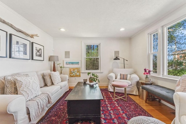 living area with plenty of natural light, ornamental molding, a textured ceiling, and wood finished floors