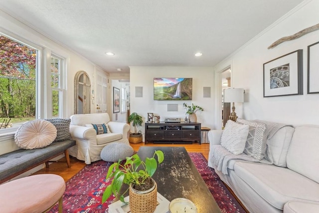 living room featuring recessed lighting, ornamental molding, and wood finished floors