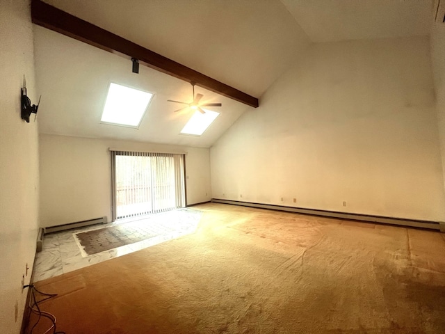 additional living space with beam ceiling, a skylight, light carpet, and a baseboard radiator