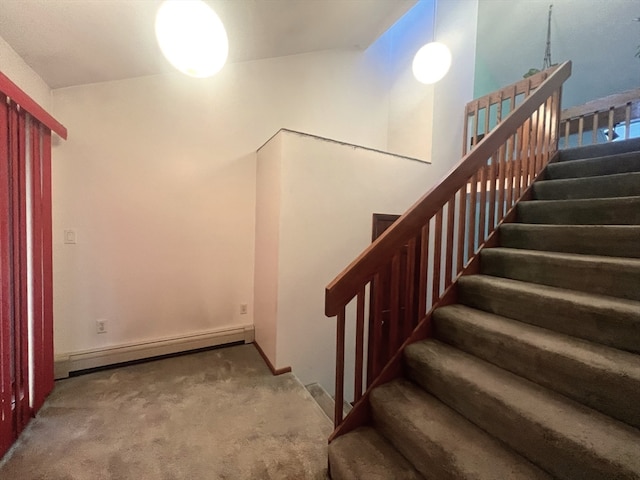 staircase featuring carpet and baseboard heating