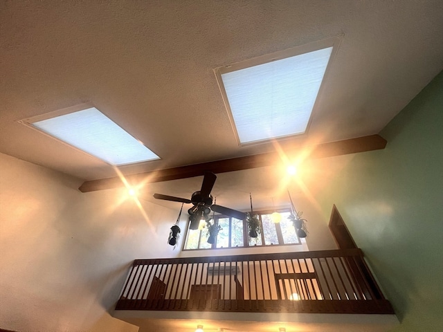 interior space featuring a skylight, ceiling fan, and a towering ceiling