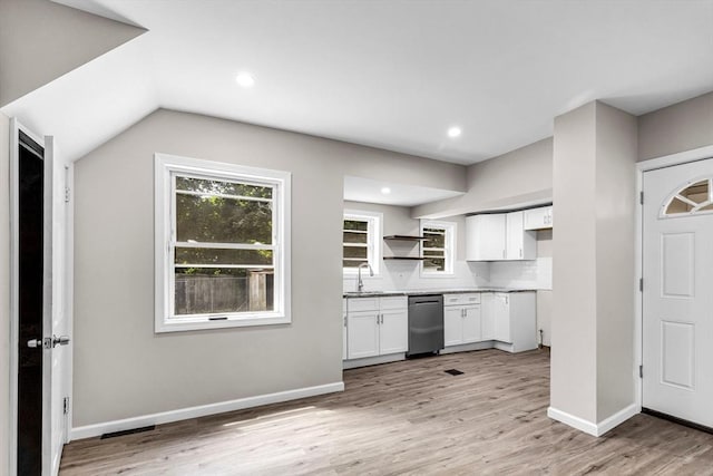 3 Aspen Ct, Ware, MA 01082 - kitchen featuring dishwasher, white cabinetry, open shelves, light wood finished floors, and lofted ceiling