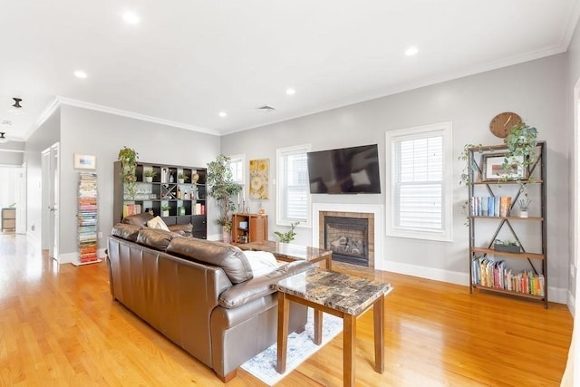 474 E 3rd Unit 2, Boston, MA 02127 - living area featuring light wood finished floors, a fireplace, recessed lighting, baseboards, and crown molding
