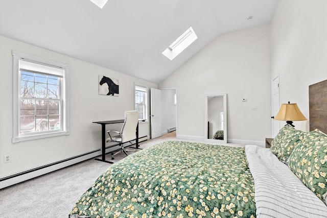 carpeted bedroom featuring a skylight, high vaulted ceiling, and a baseboard radiator