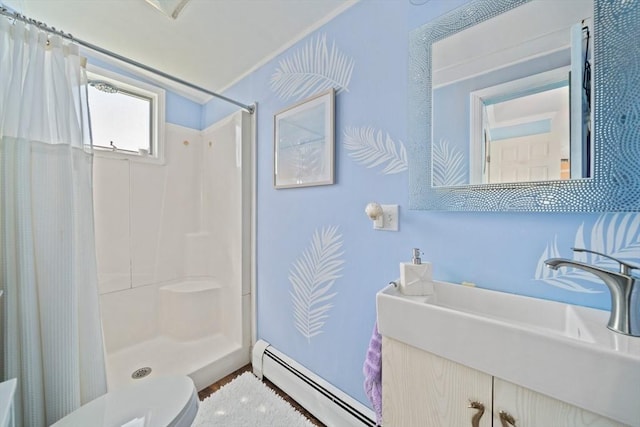 12 Moreland Ave, Hull, MA 02045 - bathroom featuring a baseboard radiator, curtained shower, and toilet