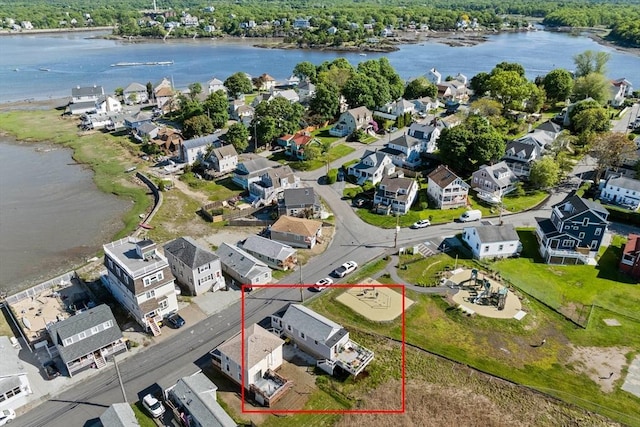 12 Moreland Ave, Hull, MA 02045 - aerial perspective of suburban area featuring a large body of water and property parcel outlined