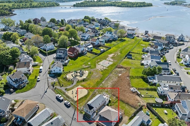 12 Moreland Ave, Hull, MA 02045 - aerial view of residential area with a nearby body of water and property parcel outlined