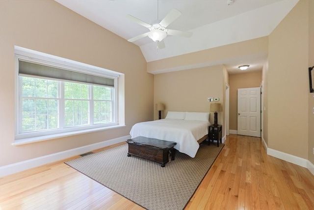 2 Powers Rd, Mendon, MA 01756 - bedroom with light wood-style flooring, baseboards, vaulted ceiling, and a ceiling fan