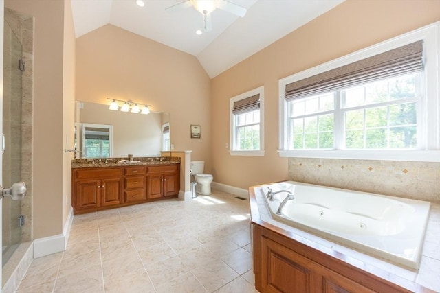 2 Powers Rd, Mendon, MA 01756 - bathroom with a shower stall, vaulted ceiling, a ceiling fan, toilet, and double vanity