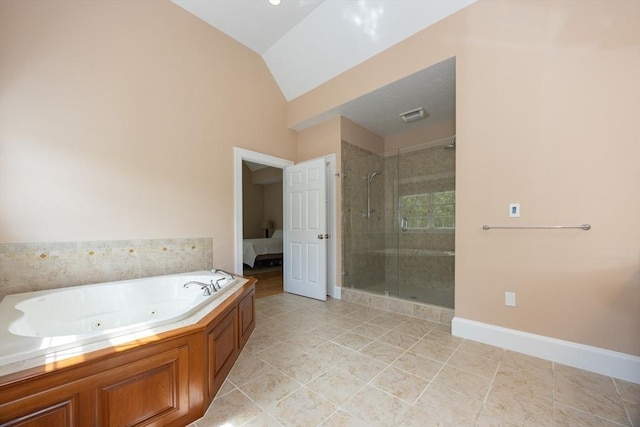 2 Powers Rd, Mendon, MA 01756 - bathroom with a stall shower, vaulted ceiling, a whirlpool tub, tile patterned floors, and baseboards