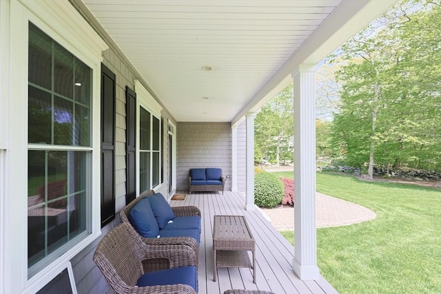 2 Powers Rd, Mendon, MA 01756 - wooden deck featuring a lawn, covered porch, and outdoor lounge area