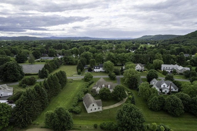 drone / aerial view with a mountain view and a wooded view