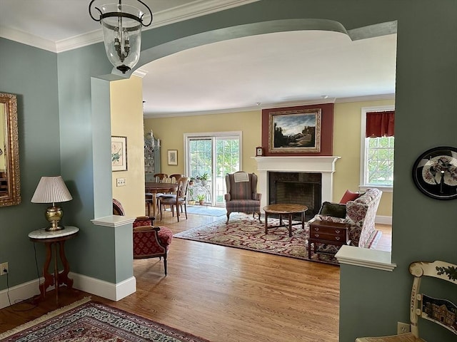 living area featuring plenty of natural light, a fireplace, wood finished floors, and crown molding